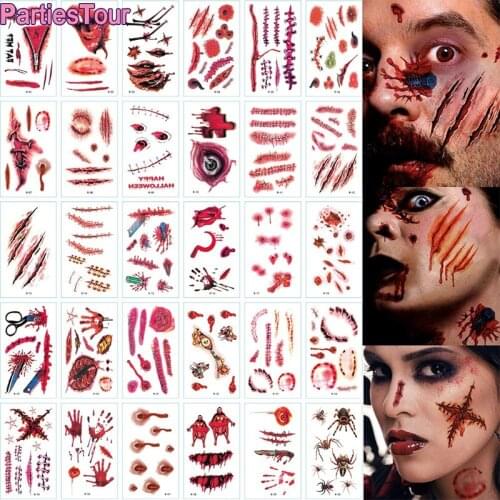 30pcs Halloween Tattoo Stickers Realistic Wound Tattoo Stickers Simulation tattoos for Halloween Scar Temporary Tattoos Sticker