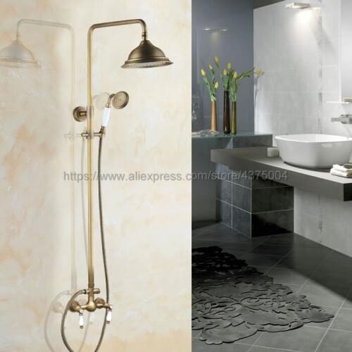 Antique Brass Wall Mount Shower Set Faucet Double Handle with Handshower Bathroom Shower Mixer Tap Nan116
