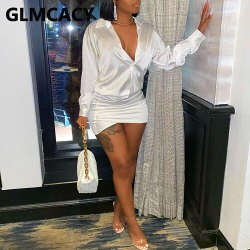 Long Sleeve Satin Bodycon Shirt Dress Elegant OL Mini Dress