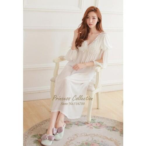 Free Shipping Silk And Cotton Princess Nightdress Womens White Pijamas Long Nightgowns Vintage Sleepwear