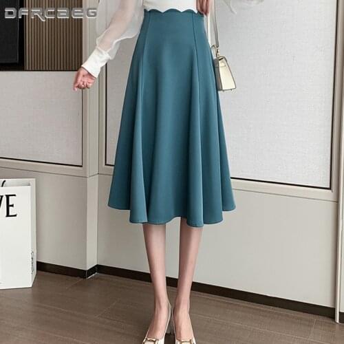 Elegant High Waist Summer A-Line Skirts Womens 2021 Korean Style Work Office OL Ladies Long Skirt Clothing