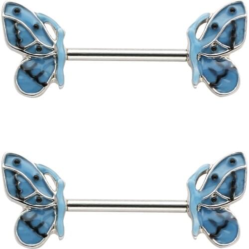 2Pcs 14G Blue Butterfly Nipple Rings Body Jewelry Ring Nipple Rings Surgical Steel Shied Barbell Piercing Rings Sexy Women