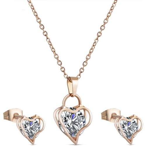 Trendy Female White Crystal Jewelry Set Rose Gold Silver Color Stud Earring For Women Cute Love Heart Wedding Chain Necklace