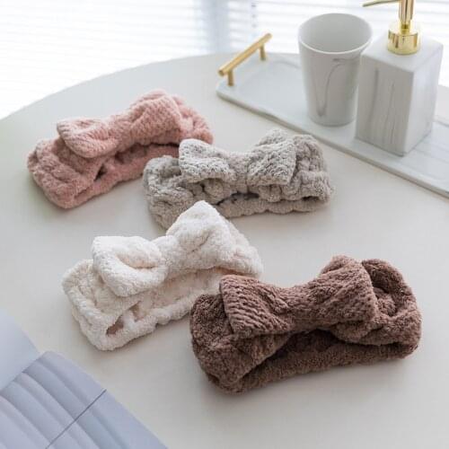 New Soft Warm Coral Fleece Rabbit ear Head Bands Wash Face Bow Headband For Women Elastic Grid Hair Band Turban Hair Accessories