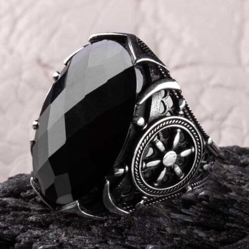 Oval Sailor Rudder Motif Silver Ring Faceted Black Zircon Gemstone Ring Handcarved Vintage Captain Jewelery Men For Gifts