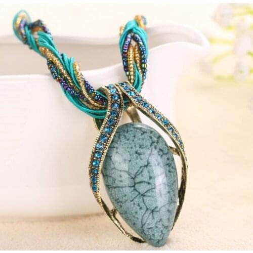 High Quality 2020 New Vintage Retro Bohemia Style green stone Multilayer Beads Chain Crystal Grain Water Drop Pendant Necklace
