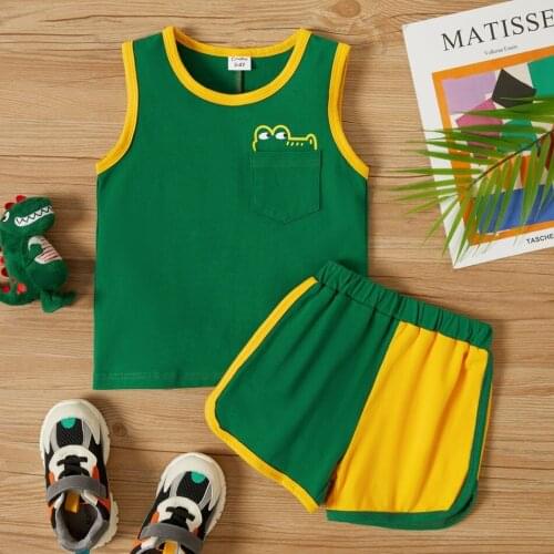 PatPat 2-piece Toddler Boy Animal Colorblock Camisole and Shorts Set