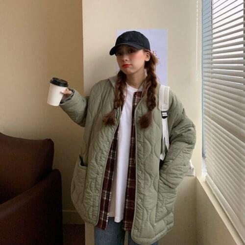 Greenl Casual Single Breasted Pocket Women Jacket Winter Lightweight Loose Female Parkas Coat Solid O-Neck Long Sleeve Outwear