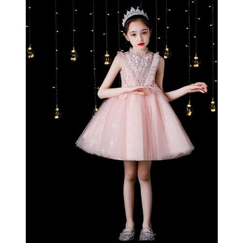 Pink Lace Beads Sequin Formal Sleeveless Wedding Gown Tutu Princess Dress Flower Girls Children Clothing Kids Party Girl Clothes