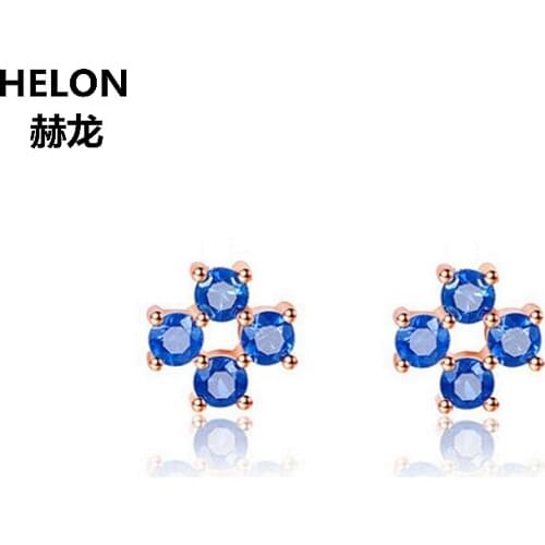 Solid 14k Rose Gold 100% Natural Sapphires Stud Earrings for Women Engagement Wedding Fine Jewelry Earrings