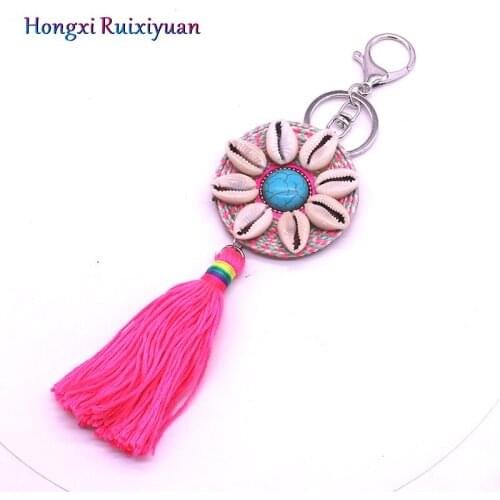 Bohemian Style Handmade Keychain Fashion Shell Flower Leather Tassel Womens Cute Bag Accessories Keychain Bag Buckle Jewelry