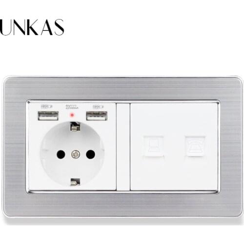 UNKAS Stainless Steel Brushed Panel EU Standard Wall Socket with 2 USB + Telephone Connector and RJ45 Internet Jack