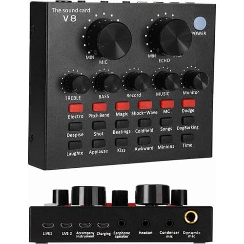 V8 USB Audio Sound Card USB External Headset Microphone Webcast Live Broadcast Sound Card Sound Mixer Board For Live Streaming