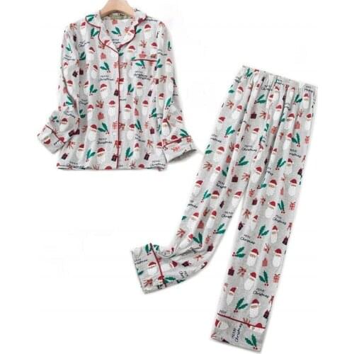Spring Autumn Women Casual Cartoon Pajama sets Female 100%Cotton Sleepwear suit Women long slee Turn-down collar shirt & Pants