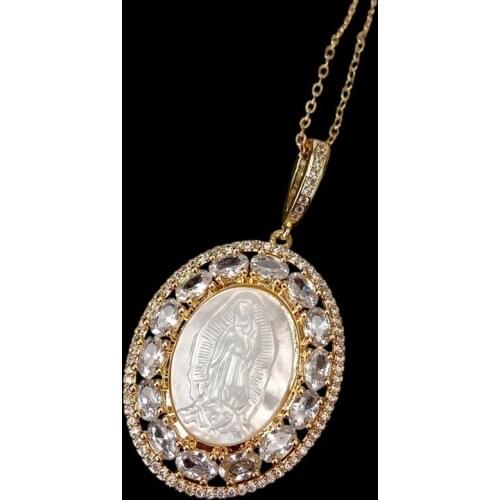 Y·YING 17.5" White Shell Virgin Mary Clear CZ Micro Pave Oval Shape Pendant necklace