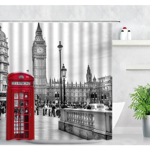 London Big Ben Red Telephone Booth Shower Curtain Set Retro Bathroom Waterproof Polyester Fabric Curtains for Bathtub Home Decor