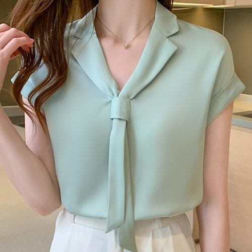 Summer Short Sleeve Women Blouse Bow V-Neck Chiffon Blouse Shirt Tops Blouse Women Blusas Mujer De Moda 2021 Blouses Femme E993