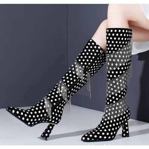 Womens Pointed Toe Polka Dots Knee Thigh Ankle Boots Rhinestones Crystal Tassels High Heel Shoes Luxury Black New 2022