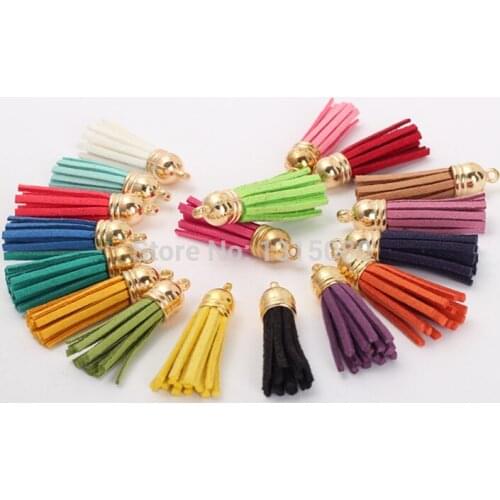 100Pcs/lot 35mm Mixed Suede Leather Jewelry Tassel For Key Chains/ Cellphone Charms Top Plated End Caps Cord Tip FL19