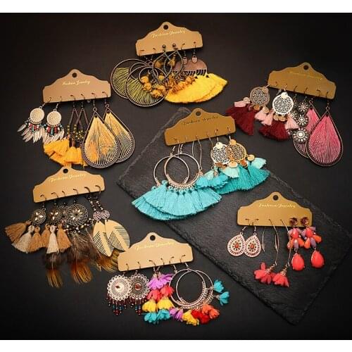 3 Pairs Fashion Individual Character BOHO Ethnic Wind Acts Role Ornament Hollow Out Water Drop Shape Alloy Long Earring Pendant