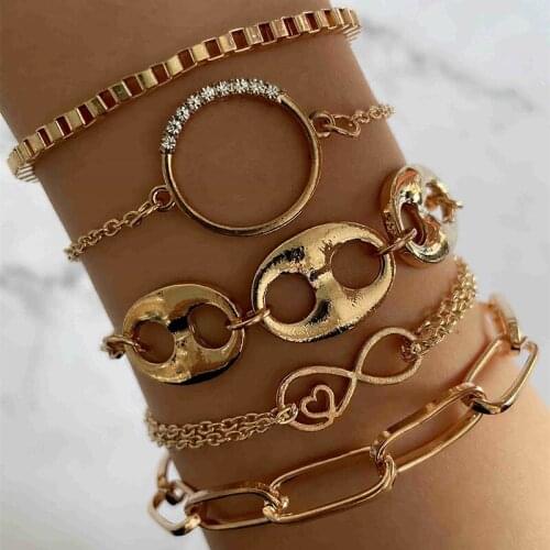 5 Pcs/Set Punk Bracelets Women Simple Peach Heart Crystal Circle Double Chain Gold Color Bracelet Set Girl Party Jewelry