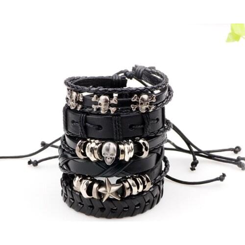 6pcs/set Boho Gypsy Hippie Punk Star Skull Charm Black Leather Cord Wrap X Knot Layers Stacked Adjustable Bracelets Set for Man