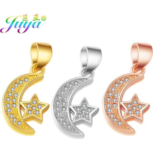 Juya DIY Islamic Muslim Prayer Jewelry Making Accessories Supplies Micro Pave Zircon Moon Star Allah Crescent Charm Pendants