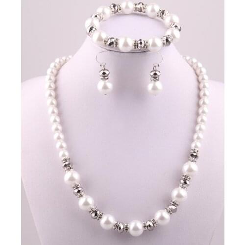 Free shipping 12mm white Pearl and 8mm crystal glass beads spacers necklace bracelet earring jewelry set 2 color choose