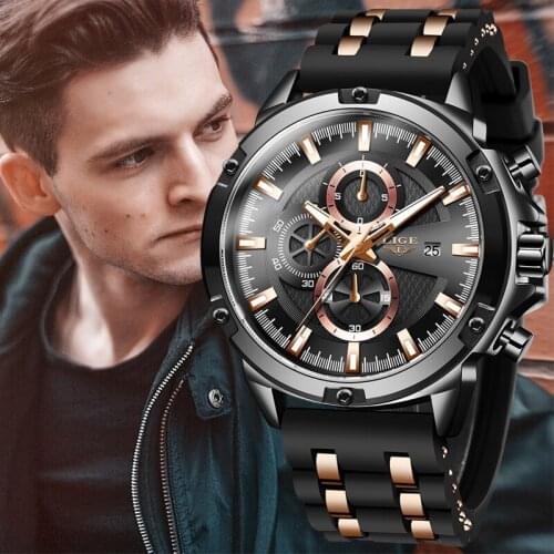 New 2020 Mens Watches LIGE Top Brand Luxury Dial Quartz Watch Men Fashion Blue Silicone Waterproof Watches For Mens Chronograph