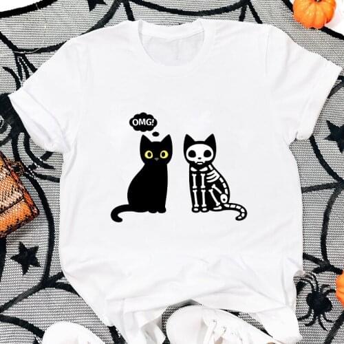 Colored OMG Black Cat And Skeleton Cat T-shirt Spooky Women Halloween Tshirt Funny Cat Lover Holiday Gift Tee Shirt Top