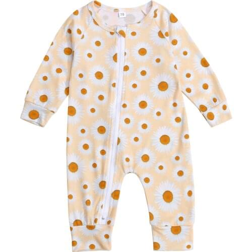 Kids Baby Romper Autumn Clothes Sun Print O-Neck Long Sleeves Sloping Zipper Open Jumpsuits Clothings For Baby Boys Girls 0-24M
