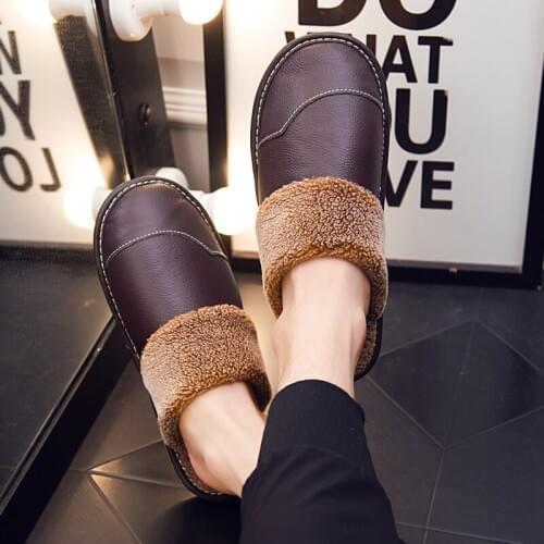 Indoor Winter Leather Slippers Corduroy Man lamb Wool Warm Cotton Slippers for Men and Women Home Couples Shoes female non-skid