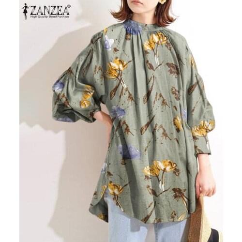 ZANZEA Elegant Women Long Puff Sleeve Blouse Spring Floral Printed Tunic Tops Bohemian Casual Loose Blusas 5XL Back Split Shirt