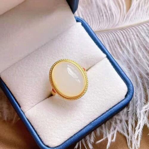 Natural Hetian Jade Egg Noodle Ring Female Opening Adjustable Fat Hand Large Retro Chinese Royal Court Style Silver Index Finger
