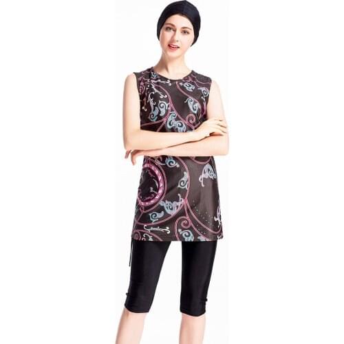 Digital printed Sleeveless swimsuit for women conservative swimsuit for women beach swimsuit for muslims Chinese red