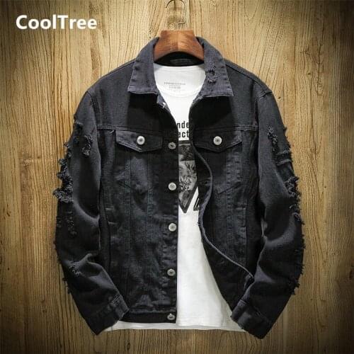 CoolTree Men Hole Denim Jackets Spring Autumn Solid color Single-breasted Casual Jeans Coats Male Slim Hip Hop Streetwear 7XL
