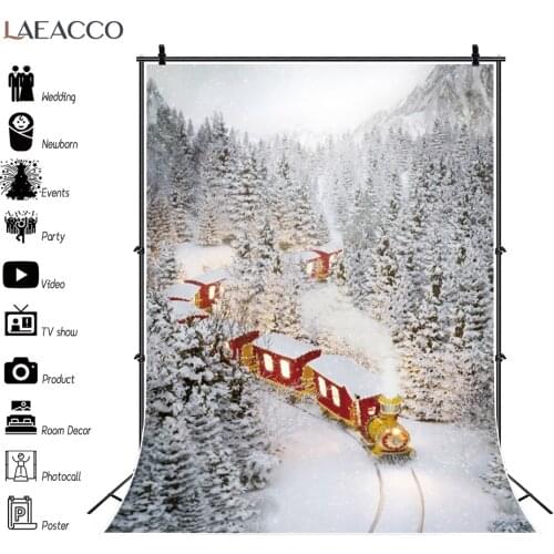 Laeacco Natural Scenic Winter Forest Pine Tree Snow Mountains Photo Backdrop Train Christmas Photography Background Photo Studio