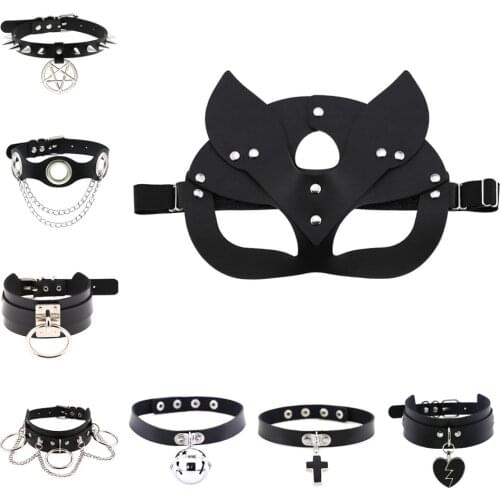 Women Sexy Half Face Fox Cosplay Cat Leather Mask with Rivet Punk Collar for Halloween Party Masquerade Ball Fancy Masks