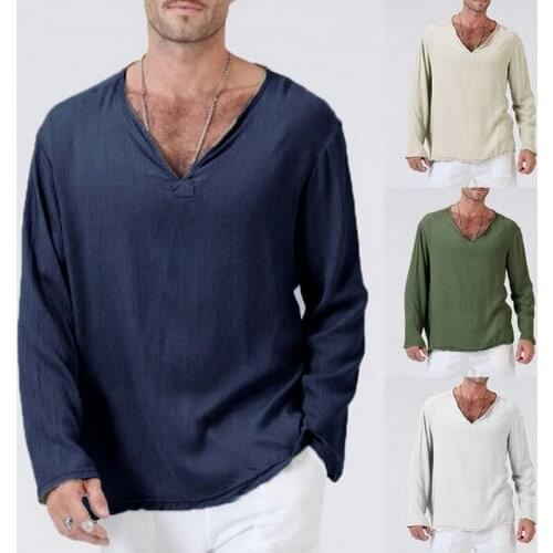 Fashion V Neck Mens T Shirts Full Sleeves Cotton Linen Long Sleeve T-Shirt Men Gothic Hippie Clothing Loose Male T Shirt S-4XL