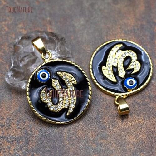 Muslim Micro Pave Clear Czech Zircon Beads Allah Gold Color Round Shape Pendant With Evil Eye l In 28*33 mm PM7460