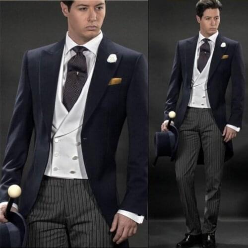 Morning Style Men Suits Dark Navy Blue Groom Tuxedos Peak Lapel Groomsmen Wedding Bridegroom ( Jacket+Pants+Vest ) D106