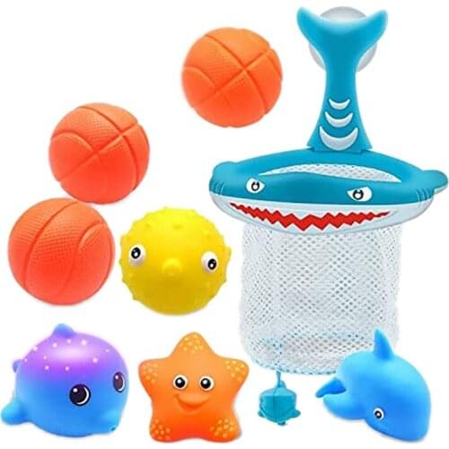 8 Pack Bathtub Set Light Up Animal, Bath Basketball Fishes Net Suctions Water Spray Animals Toy Bath Toys Bathtub Toys