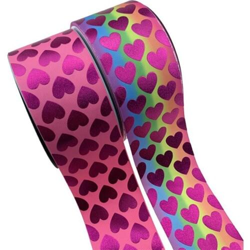 75mm shocking pink foil hearts grosgrain ribbon heat transfer for Valentine designs 100yards welcome custom printed