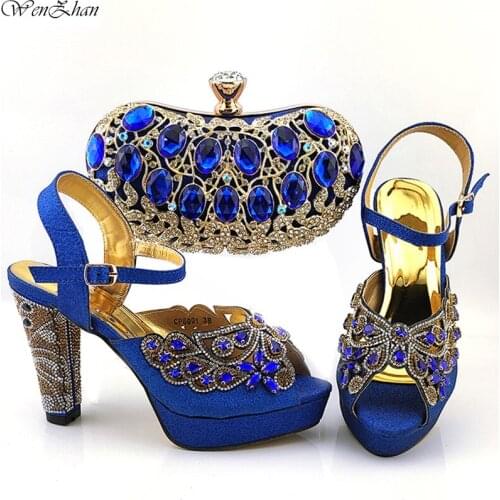 Newest Italian Shoes and Bags To Match Blue 11cm High Heel Shoes with Bag Set Decorated with Rhinestone Women Party Style B28-22