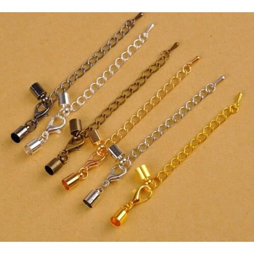 100Set Leather Cord End Crimp Caps 3 4 5 6 7 8 9 10 mm End Tip Cap with Extender Chain For DIY Necklace Jewelry Making Findings