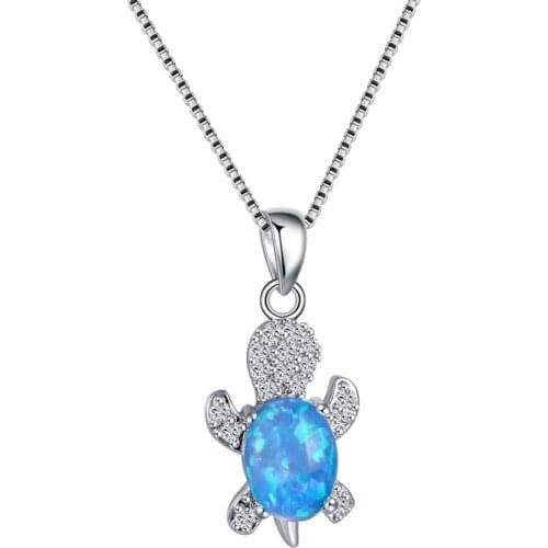 Charm Silver Color Chain Necklace Blue White Green Opal Oval Stone Necklace Female Cute Small Turtle Pendant Necklaces For Women