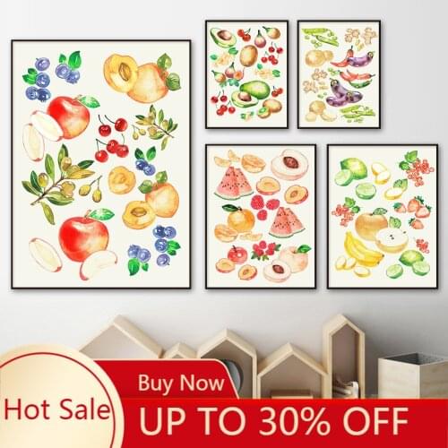Poster Canvas Painting Various Fruits Home poster Food Blueberry Watermelon Cherry Vegetable Eggplant Room Decor