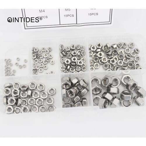 QINTIDES 200PCS/Set M1.6 M2 M2.5 M3 M4 M5 M6 hexagon nuts with metric screw threads 304 stainless steel hex nuts din934