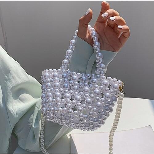 Luxury Small Pearl Bucket Crossbody Bags Womens Handmade Clear Beading Shouler Bags Ladies Vintage Party Handbags Lipstick Purs
