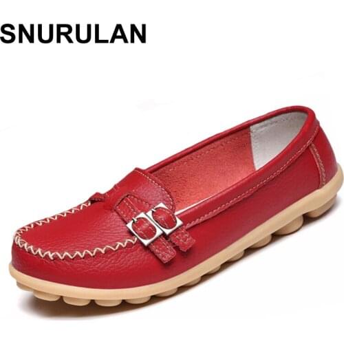 SNURULAN Soft Genuine Leather Shoes Women Slip On Woman Loafers Moccasins Female Flats Casual Womens Buckle Boat Shoe Plush